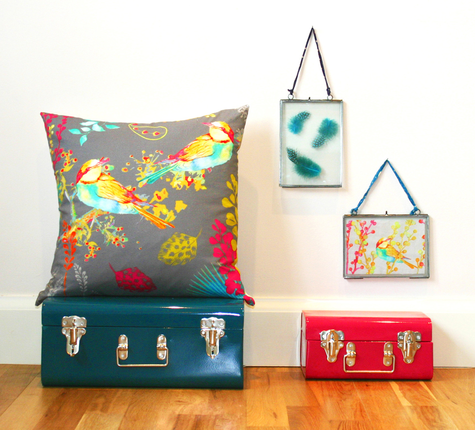 Bee Eater Slate cushion & fabric swatch of Bee Eaters Chalk