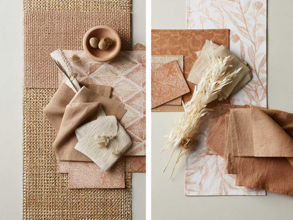 Flat lay of coordinating terracotta fabric swatches featuring geometric, botanical, and texture prints with rattan mat and dried botanicals